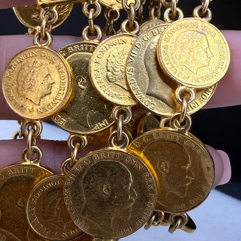 Vintage Ben Amun Bracelet Clip On Earrings Set Coin Gold Tone 6.5" - Picture 14 of 16